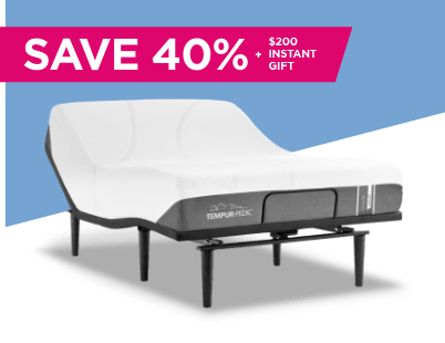 Cloud mattress on and adjustable base with a callout that says "save 40% + $200 Instant Gift"