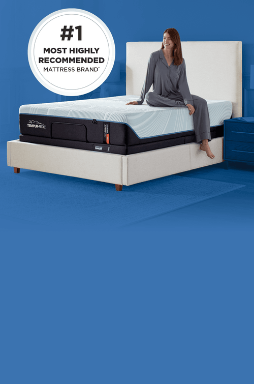 Woman sitting on a mattress next to a graphic that reads most highly recommended mattress brand