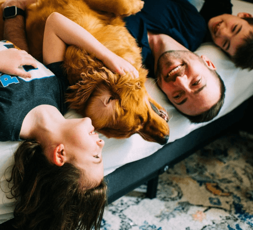 Man, two children, and golden retreiver lying on Tempur-Pedic mattress smiling and laughing.png