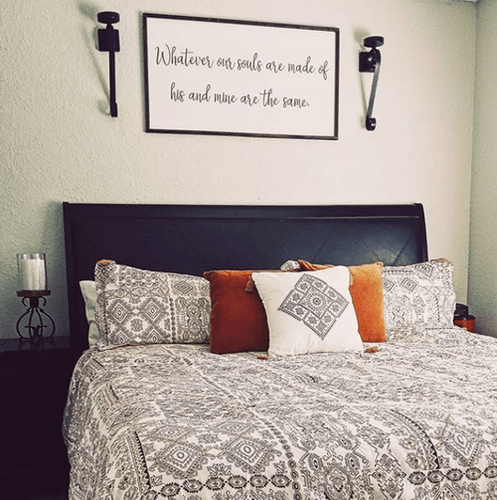 Photo of patterned bedding in room