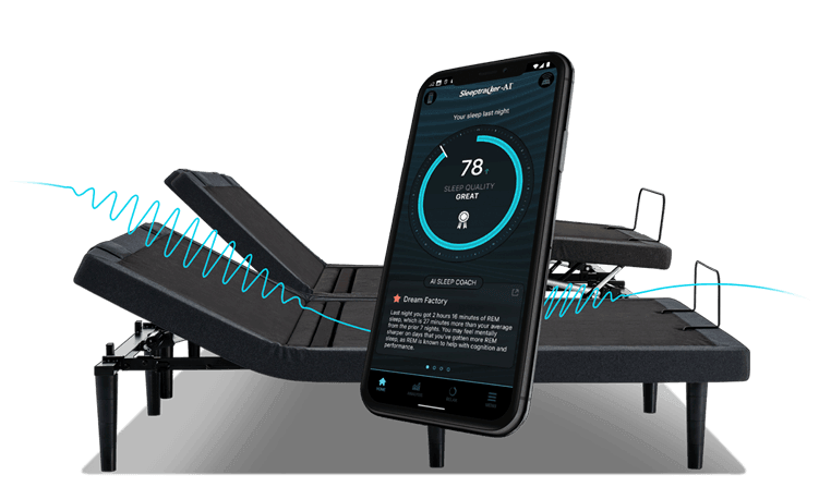 A split king base with a smart phone and Sleeptracker-AI score