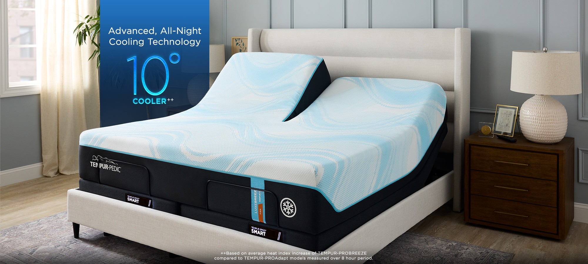 LuxeBreeze Split Head mattress on an Ergo Smart base with a blue badge that says advanced, all-night cooling technology up to 10 degrees cooler
