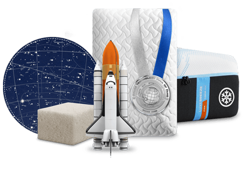 Collage showing a NASA space shuttle, Tempur Material and Tempur-pedic products.