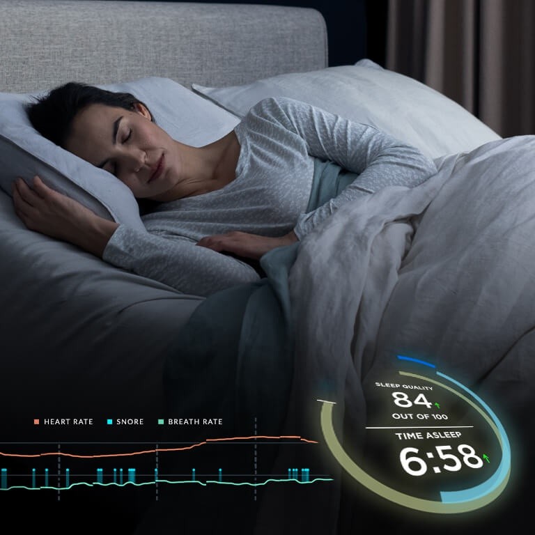 A woman sleeping while her Tempur-Ergo® Smart Base monitors her snoring, heart rate, and breath rate