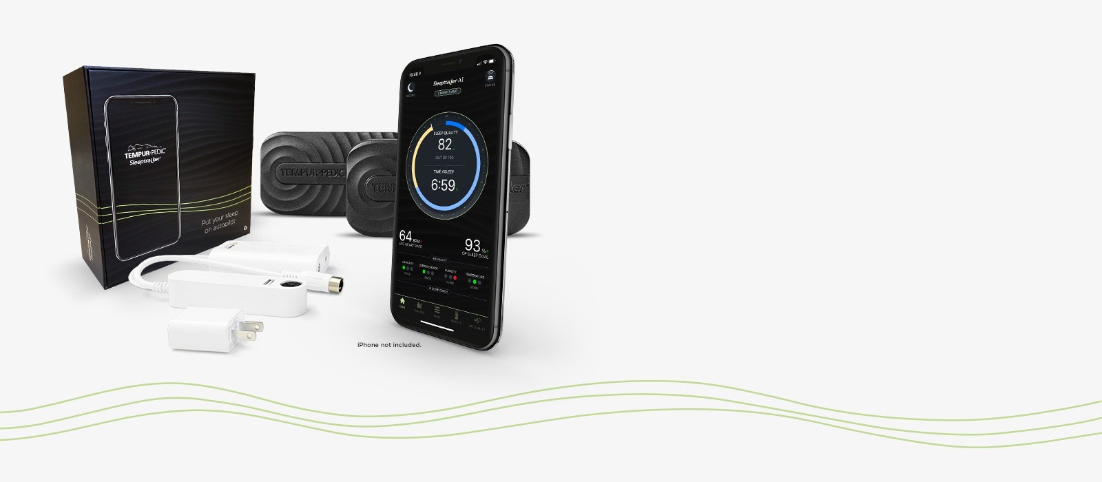 A Sleeptracker box with all of the included parts. A smart phone is also displayed to represent the app and wifi requirements that are not included.