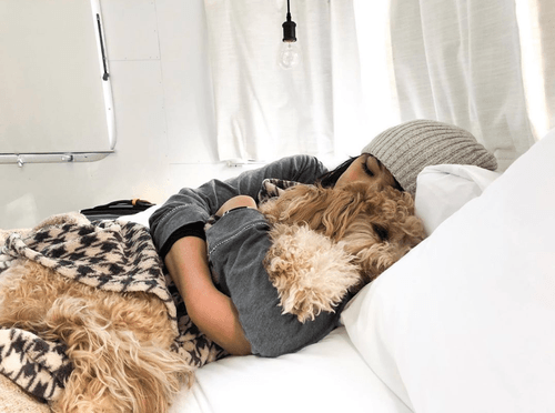 Woman Cuddling Dog in Bed