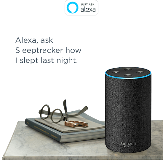 A Amazon Alexa device on a night stand with the text "Alexa, ask Sleeptracker how I slept last night"